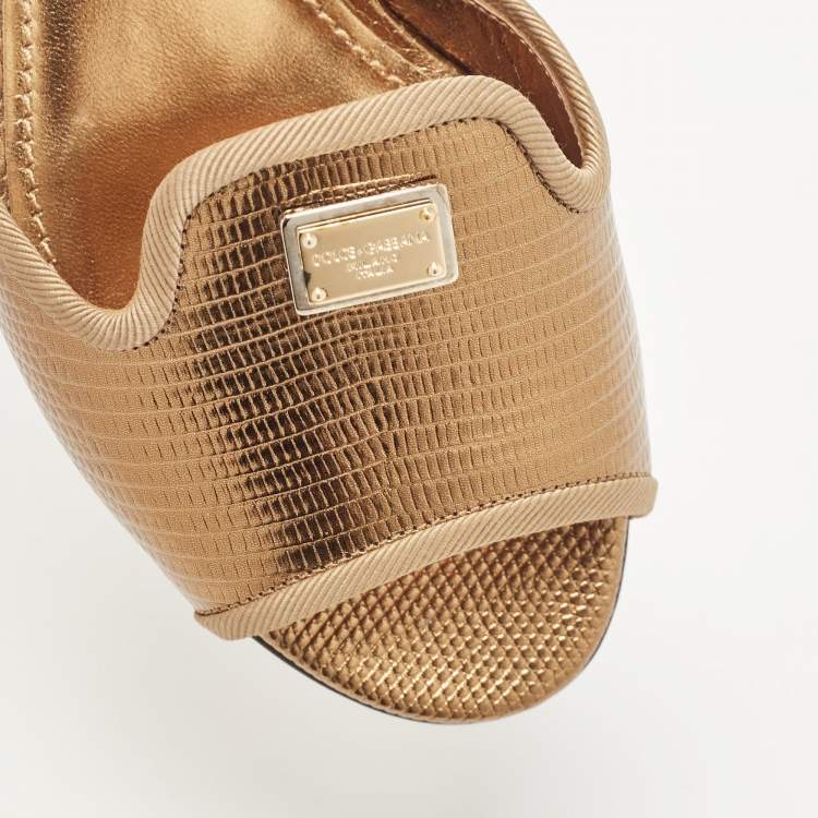 Pre Owned Dolce & Gabbana Bronze Lizard Embossed Leather Sofia Slide Sandals Size 35