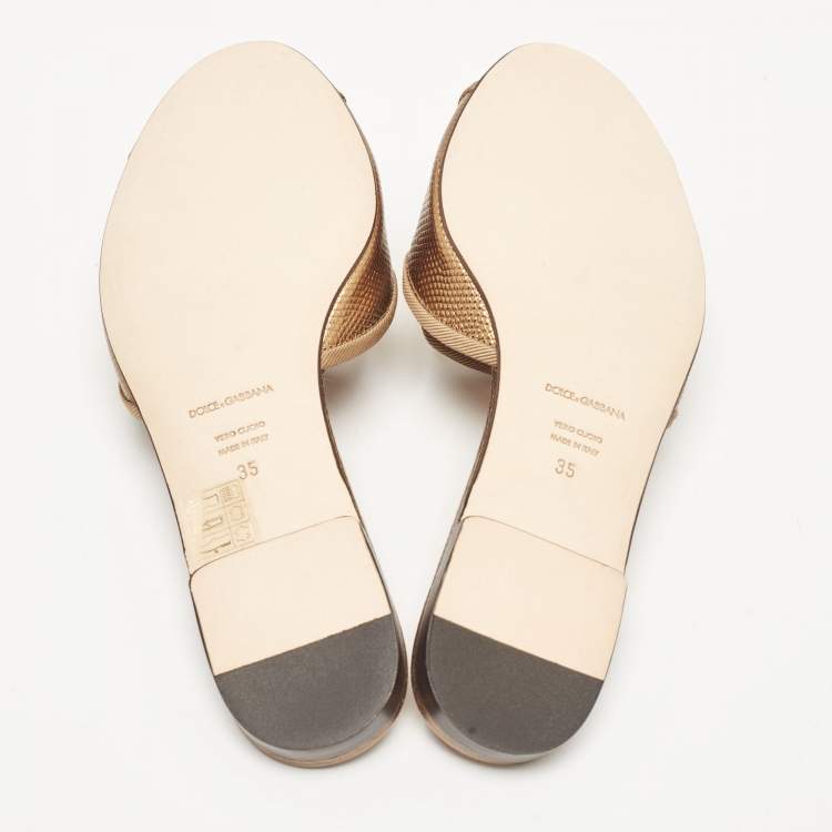 Pre Owned Dolce & Gabbana Bronze Lizard Embossed Leather Sofia Slide Sandals Size 35