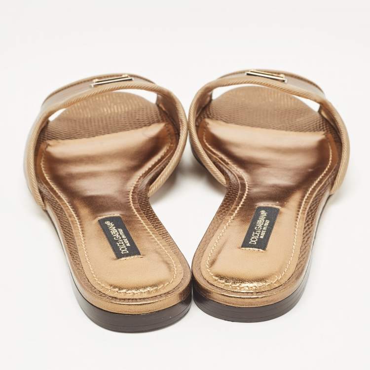 Pre Owned Dolce & Gabbana Bronze Lizard Embossed Leather Sofia Slide Sandals Size 35