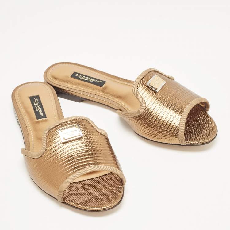 Pre Owned Dolce & Gabbana Bronze Lizard Embossed Leather Sofia Slide Sandals Size 35