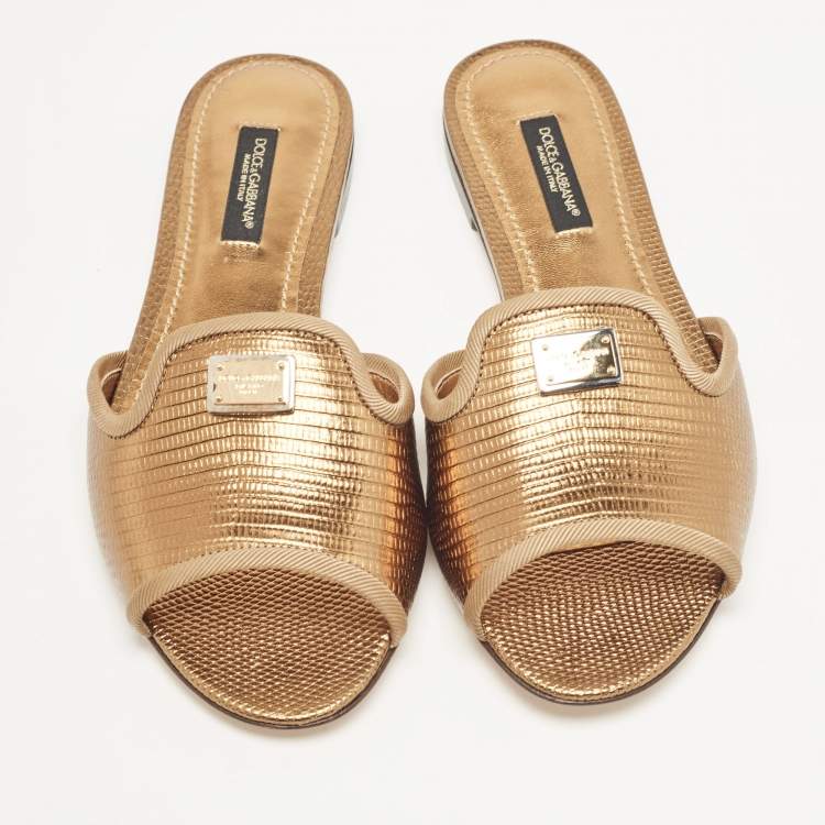 Pre Owned Dolce & Gabbana Bronze Lizard Embossed Leather Sofia Slide Sandals Size 35