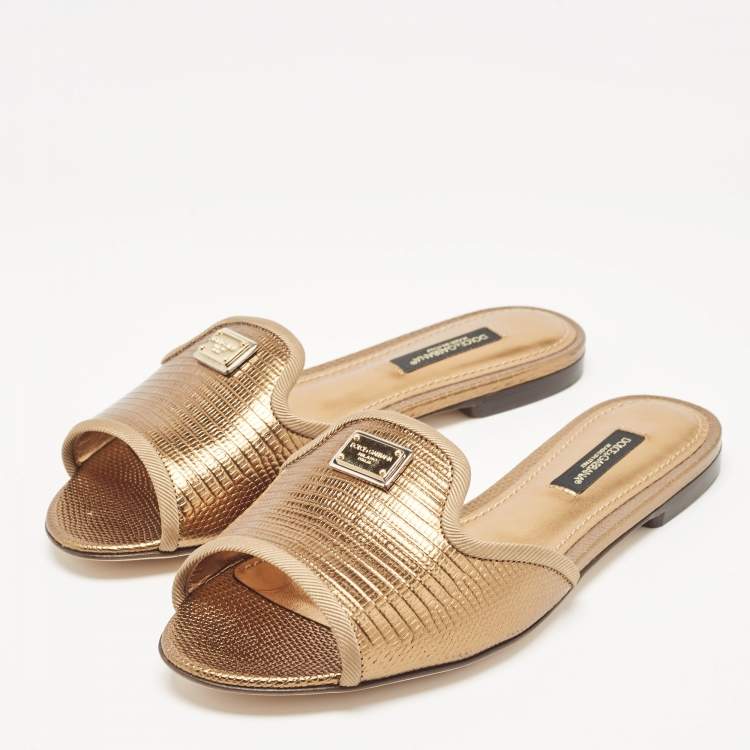 Pre Owned Dolce & Gabbana Bronze Lizard Embossed Leather Sofia Slide Sandals Size 35