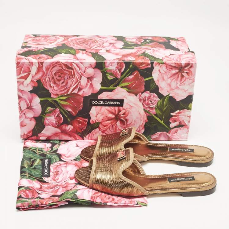 Pre Owned Dolce & Gabbana Bronze Lizard Embossed Leather Sofia Slide Sandals Size 35