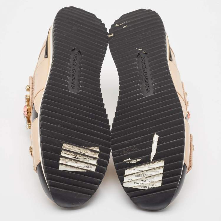 Pre Owned Dolce & Gabbana Beige/Black Leather Fabric Lace Up Sneakers Size 38.5