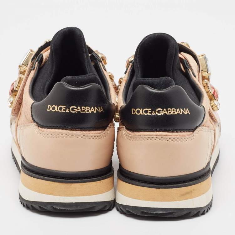 Pre Owned Dolce & Gabbana Beige/Black Leather Fabric Lace Up Sneakers Size 38.5