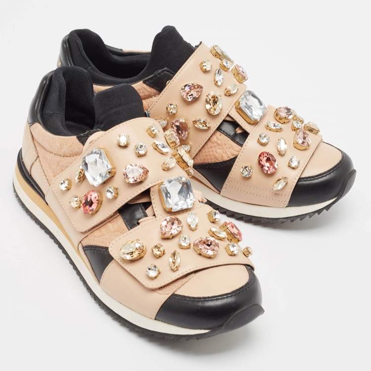 Pre Owned Dolce & Gabbana Beige/Black Leather Fabric Lace Up Sneakers Size 38.5