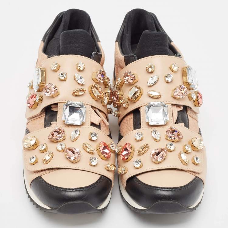 Pre Owned Dolce & Gabbana Beige/Black Leather Fabric Lace Up Sneakers Size 38.5