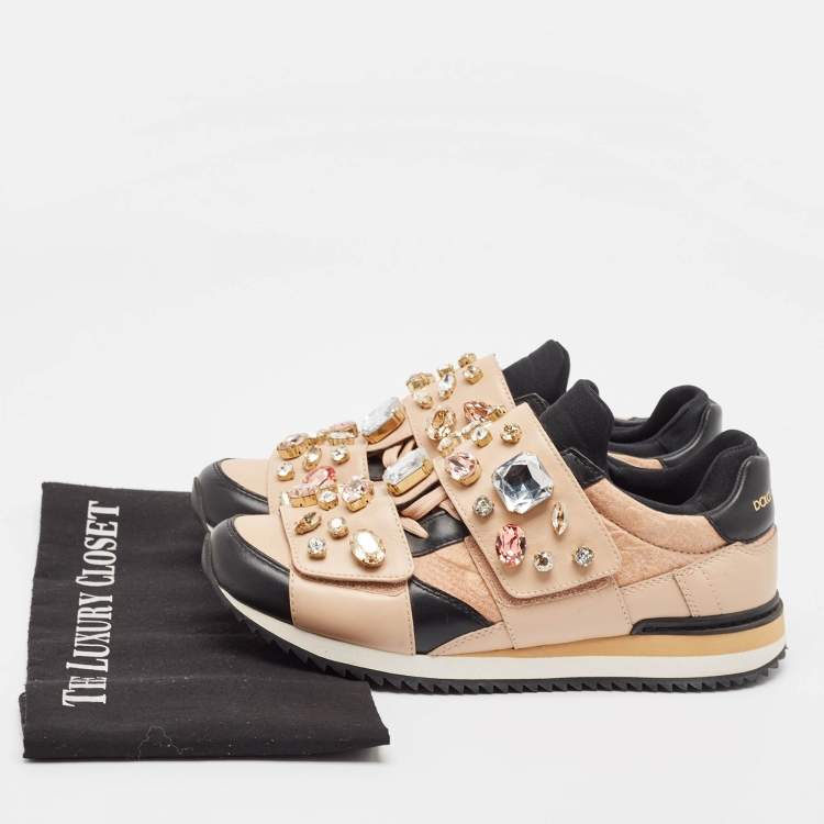 Pre Owned Dolce & Gabbana Beige/Black Leather Fabric Lace Up Sneakers Size 38.5