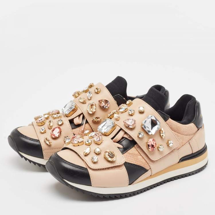 Pre Owned Dolce & Gabbana Beige/Black Leather Fabric Lace Up Sneakers Size 38.5