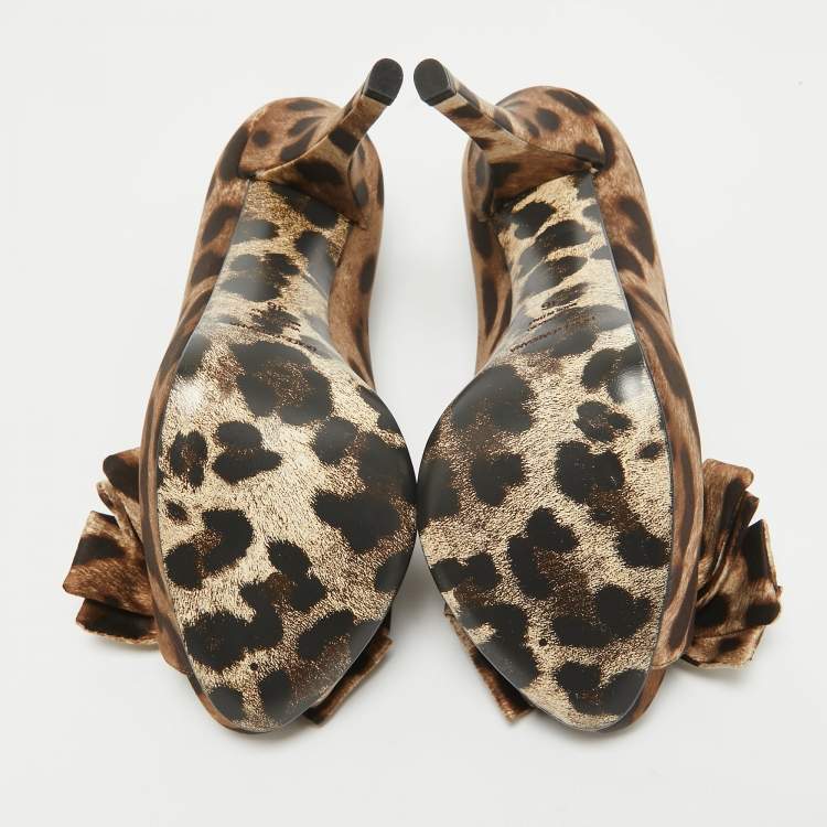 Pre Owned Dolce & Gabbana Brown/Beige Leopard Print Satin Bow Peep Toe Pumps Size 36