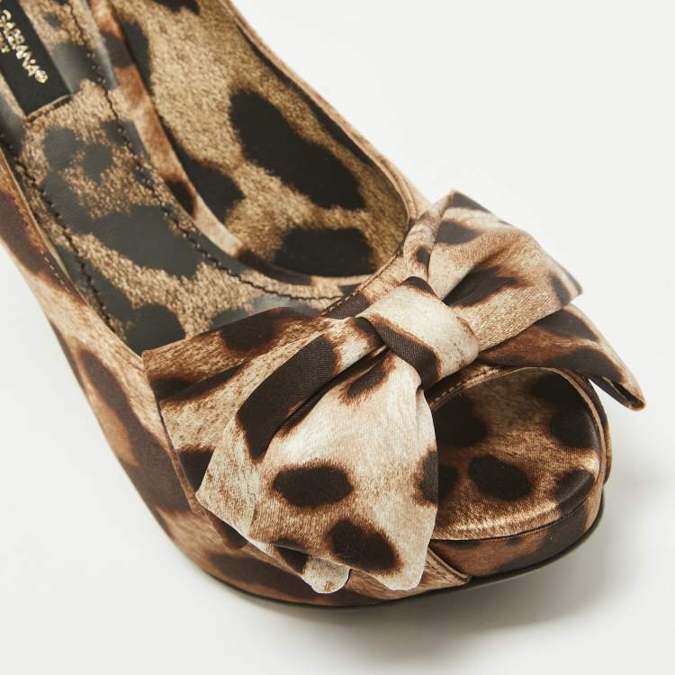 Pre Owned Dolce & Gabbana Brown/Beige Leopard Print Satin Bow Peep Toe Pumps Size 36