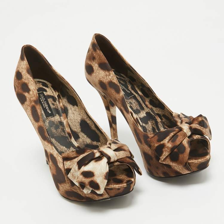 Pre Owned Dolce & Gabbana Brown/Beige Leopard Print Satin Bow Peep Toe Pumps Size 36