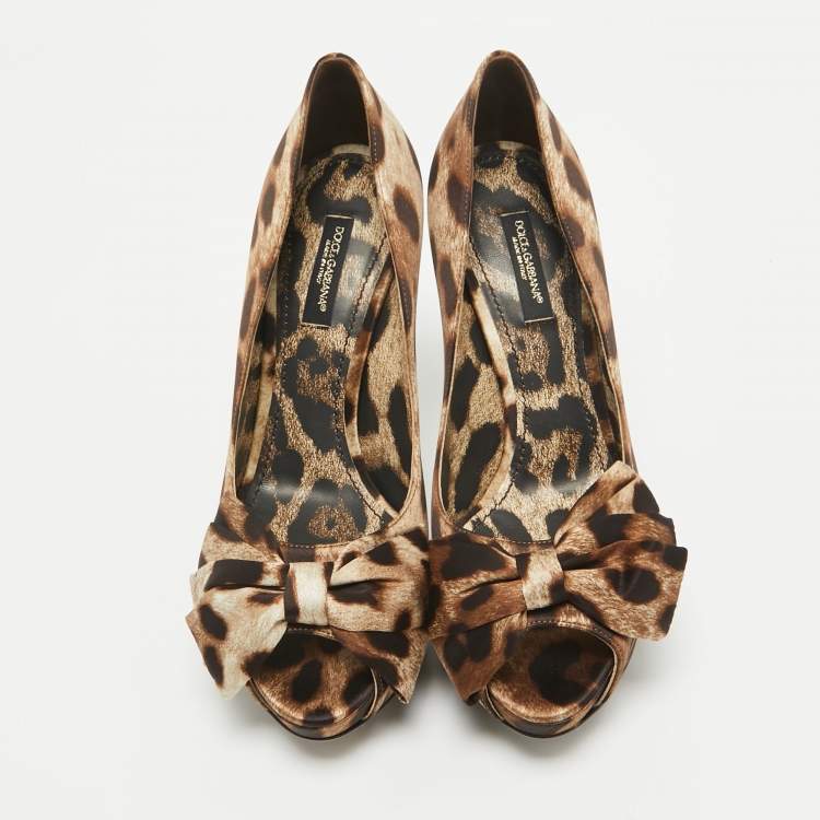 Pre Owned Dolce & Gabbana Brown/Beige Leopard Print Satin Bow Peep Toe Pumps Size 36