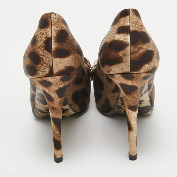 Pre Owned Dolce & Gabbana Brown/Beige Leopard Print Satin Bow Peep Toe Pumps Size 36