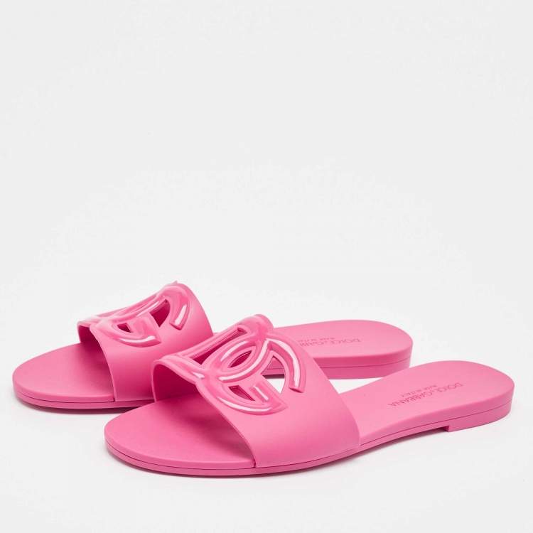Pre Owned Dolce & Gabbana Pink Rubber DG Cut Out Slides Size 39