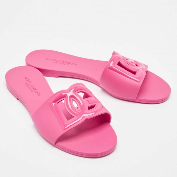 Pre Owned Dolce & Gabbana Pink Rubber DG Cut Out Slides Size 39