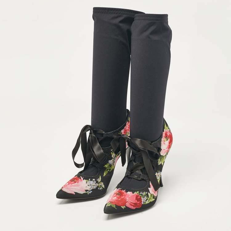 Pre Owned Dolce & Gabbana Multicolor Stretch Fabric Flower Embraided Boots Size 40