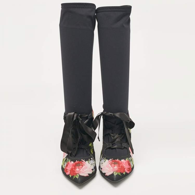 Pre Owned Dolce & Gabbana Multicolor Stretch Fabric Flower Embraided Boots Size 40