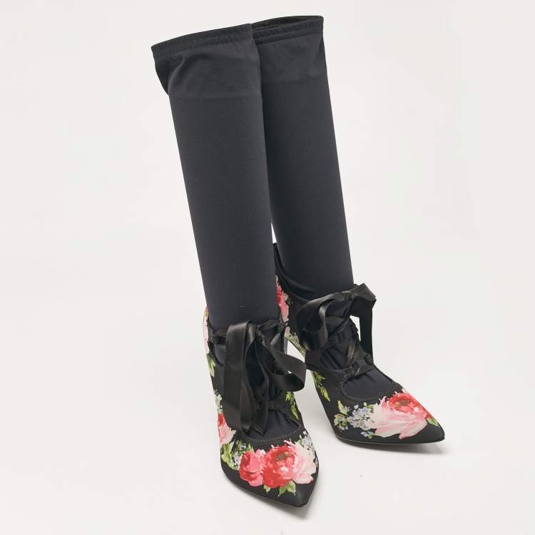 Pre Owned Dolce & Gabbana Multicolor Stretch Fabric Flower Embraided Boots Size 40