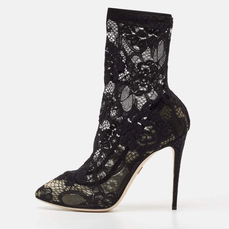 Pre Owned Dolce & Gabbana Black Lace Stretch Sock Pumps Size 39.5