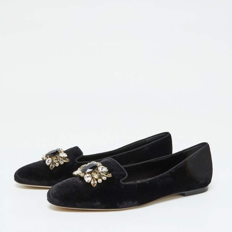 Pre Owned Dolce and Gabbana Black Velvet Crystal Embellished Smoking Slippers Size 39