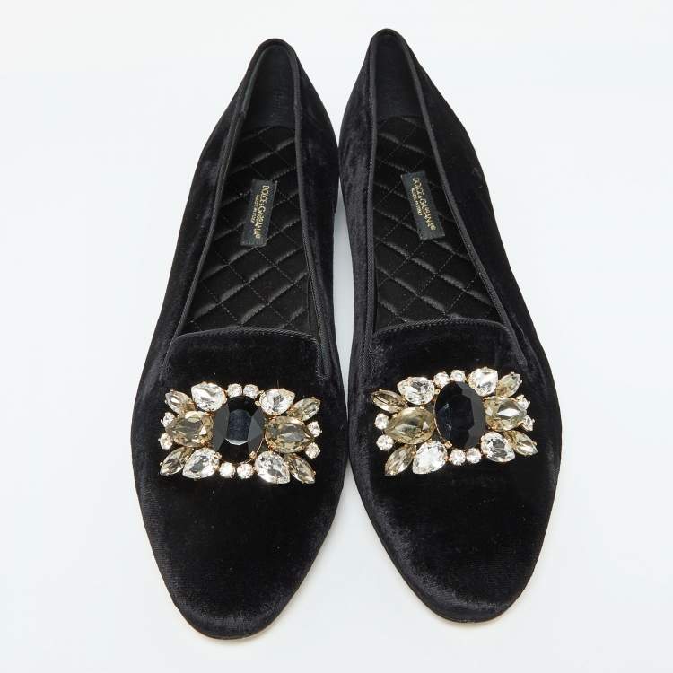 Pre Owned Dolce and Gabbana Black Velvet Crystal Embellished Smoking Slippers Size 39