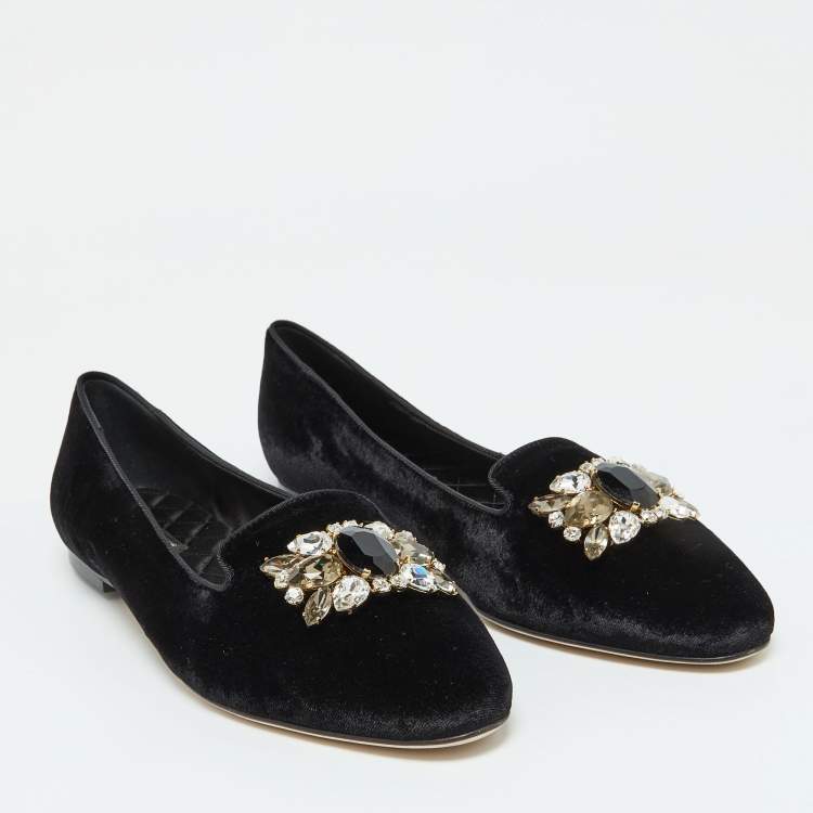 Pre Owned Dolce and Gabbana Black Velvet Crystal Embellished Smoking Slippers Size 39