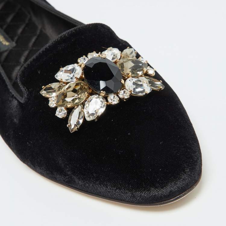 Pre Owned Dolce and Gabbana Black Velvet Crystal Embellished Smoking Slippers Size 39