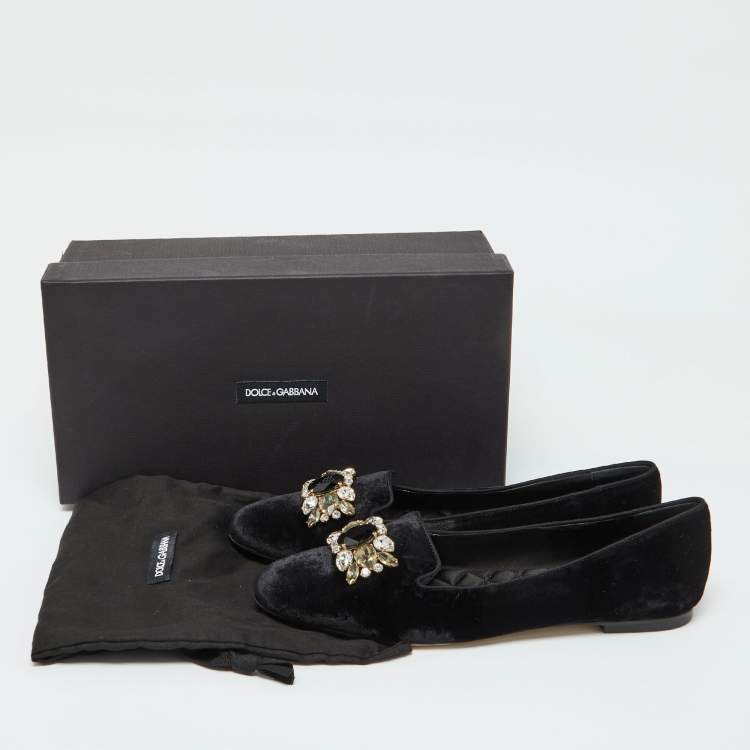 Pre Owned Dolce and Gabbana Black Velvet Crystal Embellished Smoking Slippers Size 39