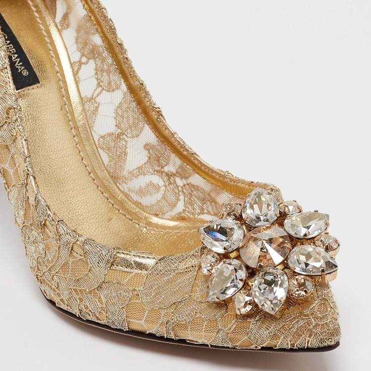 Pre Owned Dolce & Gabbana Gold Lace Bellucci Pumps Size 37.5