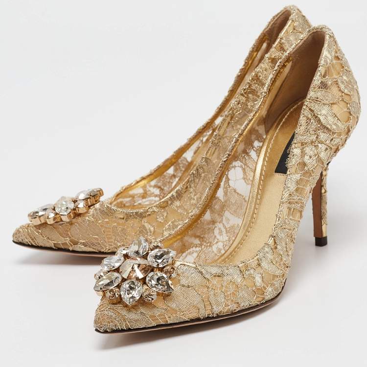 Pre Owned Dolce & Gabbana Gold Lace Bellucci Pumps Size 37.5