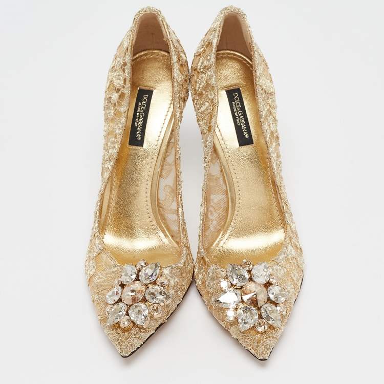 Pre Owned Dolce & Gabbana Gold Lace Bellucci Pumps Size 37.5