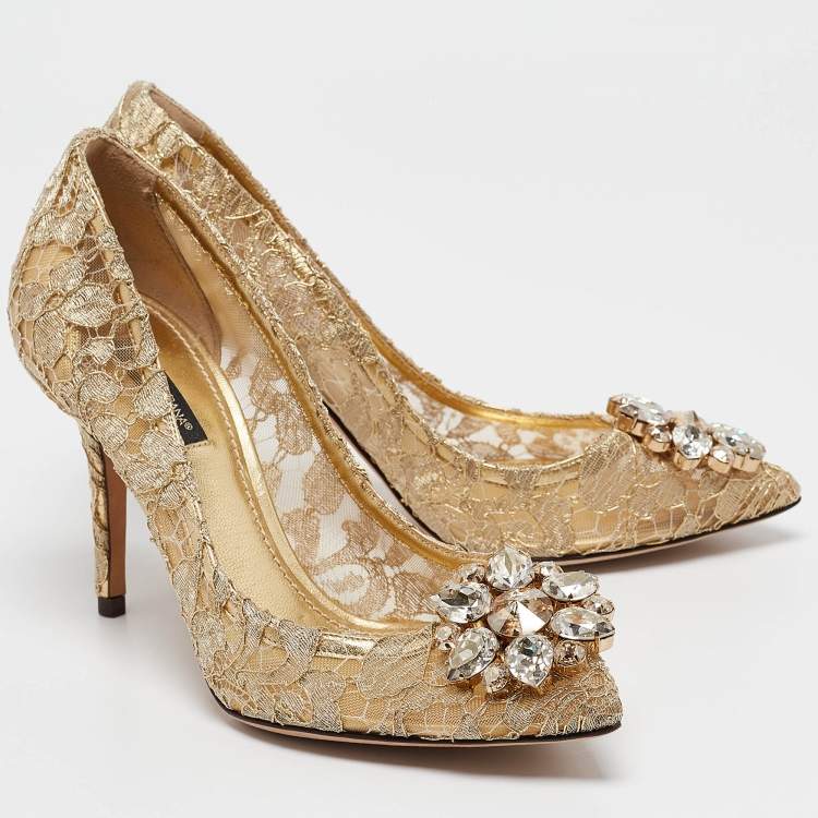 Pre Owned Dolce & Gabbana Gold Lace Bellucci Pumps Size 37.5