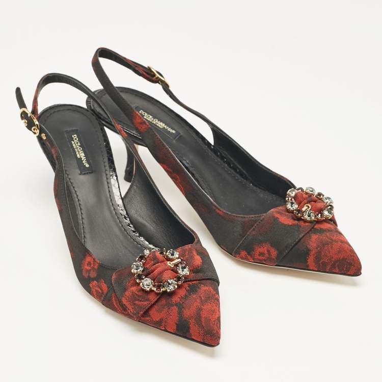 مملوكة مسبقًا Dolce & Gabbana Black/Red Floral Print Fabric Crystal Embellished Slingback Pumps Size 40