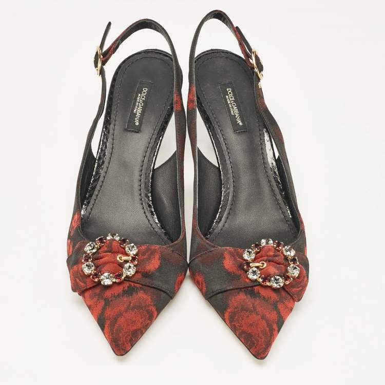 مملوكة مسبقًا Dolce & Gabbana Black/Red Floral Print Fabric Crystal Embellished Slingback Pumps Size 40