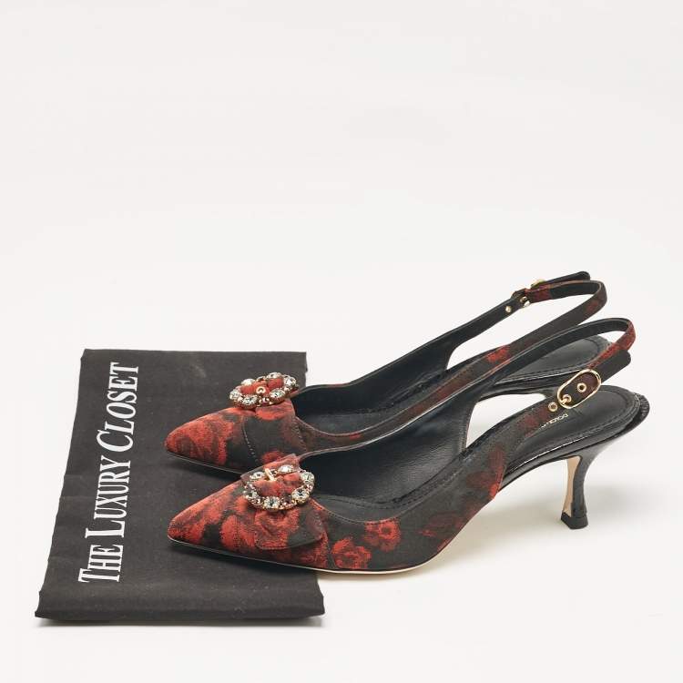 مملوكة مسبقًا Dolce & Gabbana Black/Red Floral Print Fabric Crystal Embellished Slingback Pumps Size 40
