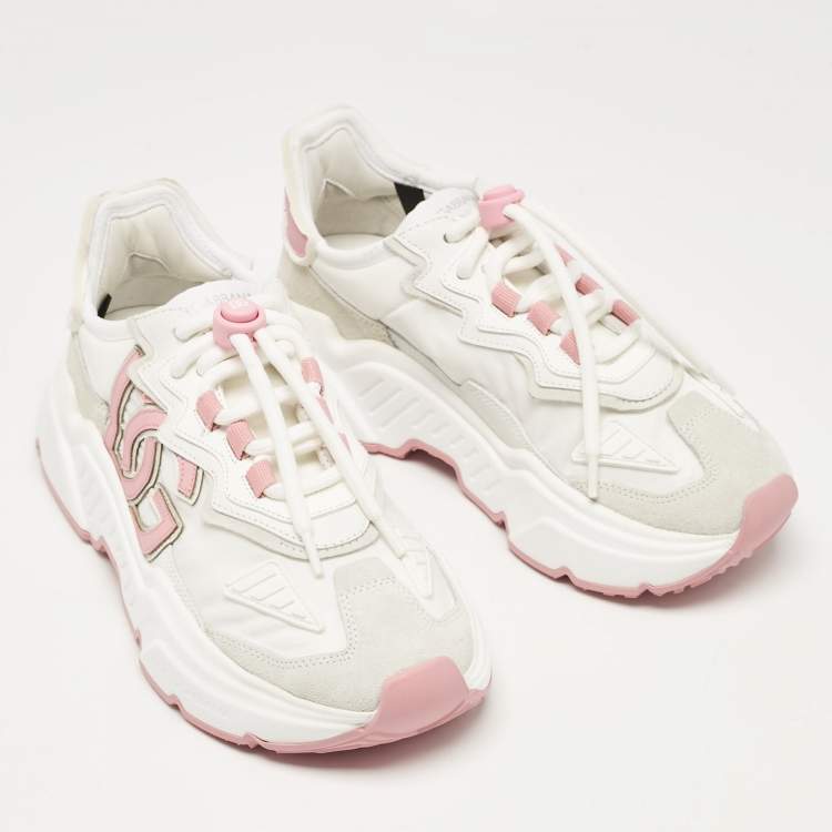 Pre Owned Dolce & Gabbana White/Pink Leather and Suede Daymaster Low Top Sneakers Size 37