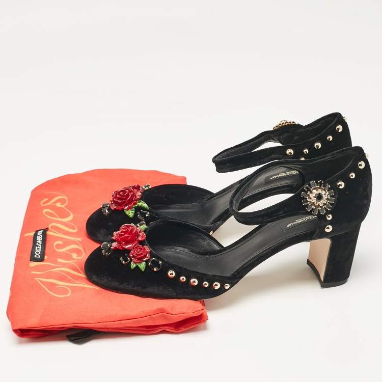 Pre Owned Dolce & Gabbana Black Velvet Studded and Rose Embellished Ankle Strap Pumps Size 41