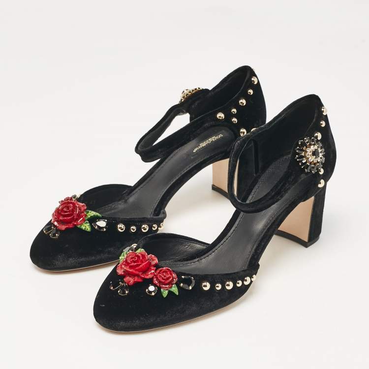 Pre Owned Dolce & Gabbana Black Velvet Studded and Rose Embellished Ankle Strap Pumps Size 41