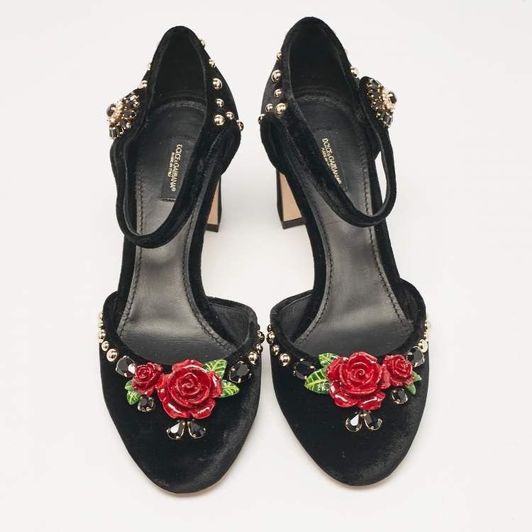Pre Owned Dolce & Gabbana Black Velvet Studded and Rose Embellished Ankle Strap Pumps Size 41