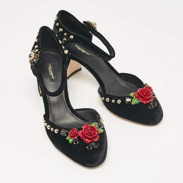 Pre Owned Dolce & Gabbana Black Velvet Studded and Rose Embellished Ankle Strap Pumps Size 41