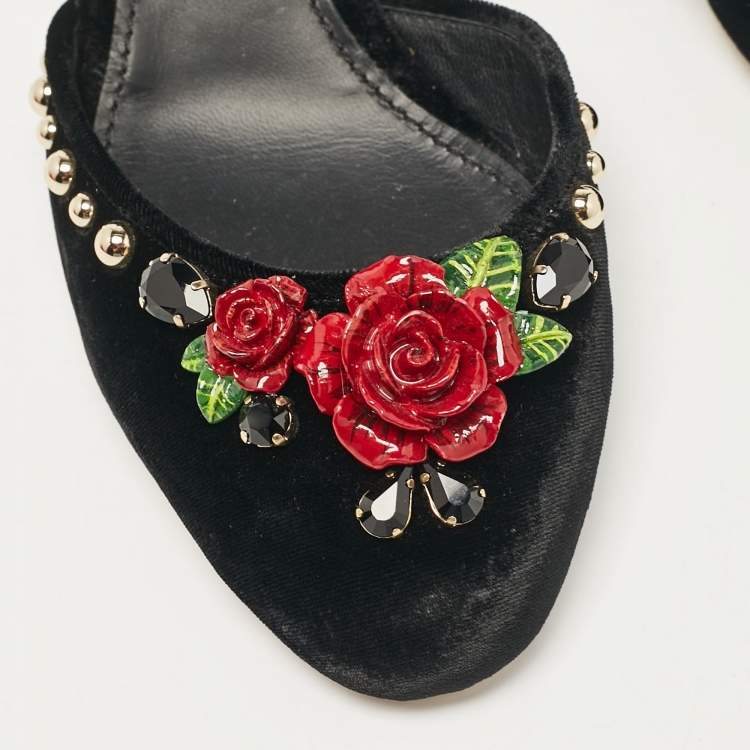 Pre Owned Dolce & Gabbana Black Velvet Studded and Rose Embellished Ankle Strap Pumps Size 41