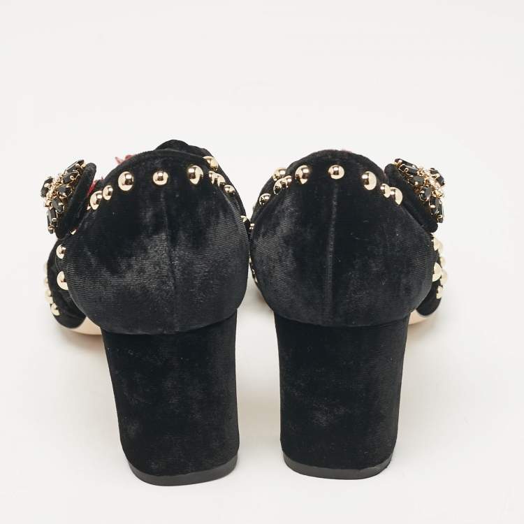 Pre Owned Dolce & Gabbana Black Velvet Studded and Rose Embellished Ankle Strap Pumps Size 41