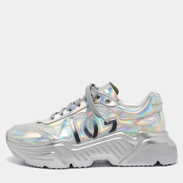 Pre Owned Dolce & Gabbana Iridescent Leather DG Logo Lace Up Sneakers Size 40