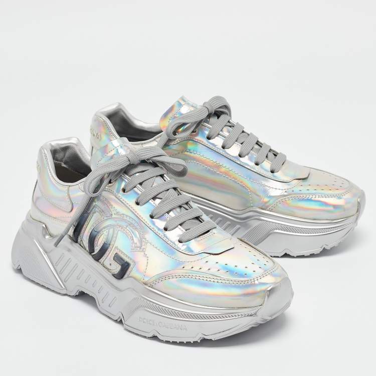 Pre Owned Dolce & Gabbana Iridescent Leather DG Logo Lace Up Sneakers Size 40