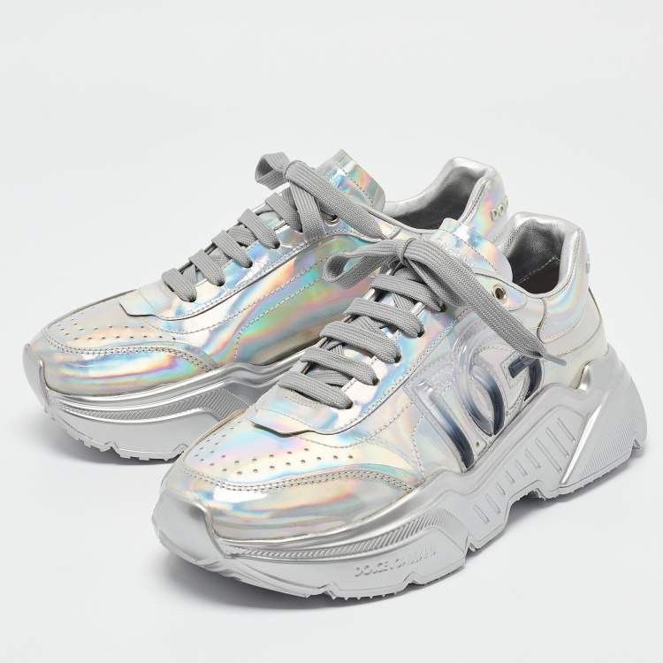 Pre Owned Dolce & Gabbana Iridescent Leather DG Logo Lace Up Sneakers Size 40