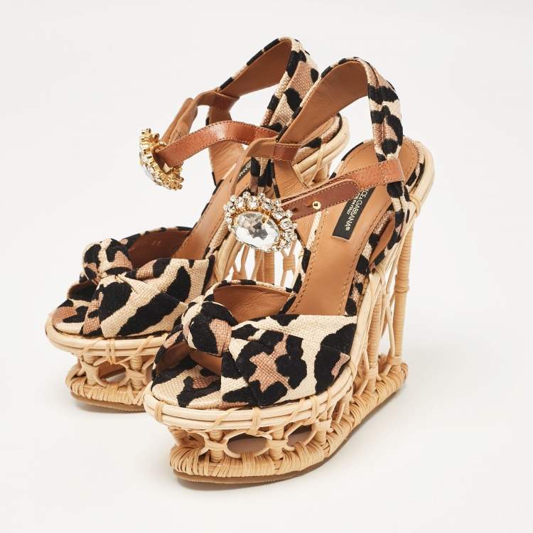 Pre Owned Dolce & Gabbana Beige/Black Leopard Print Straw Crystal Brooch Platform Sandals Size 36