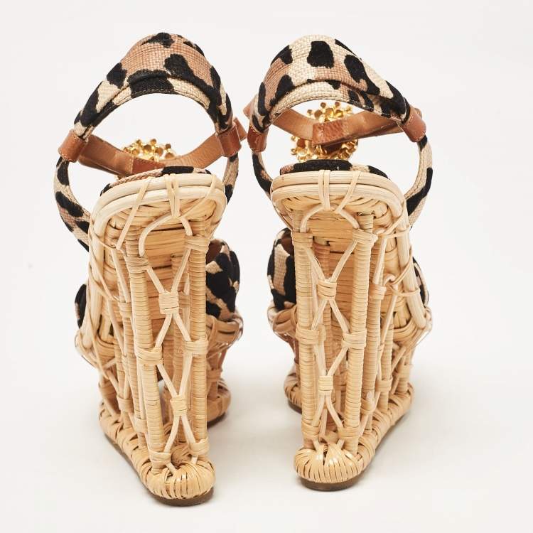 Pre Owned Dolce & Gabbana Beige/Black Leopard Print Straw Crystal Brooch Platform Sandals Size 36