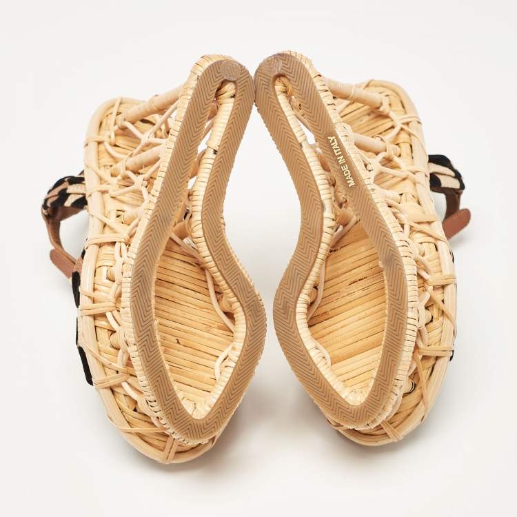 Pre Owned Dolce & Gabbana Beige/Black Leopard Print Straw Crystal Brooch Platform Sandals Size 36