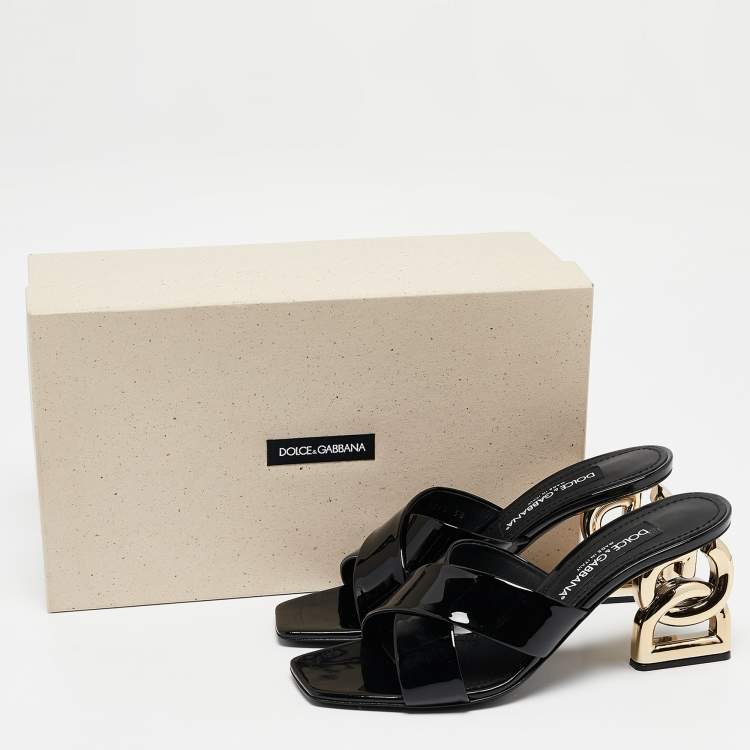Pre Owned Dolce & Gabbana Black Patent Leather DG Heel Slide Sandals Size 38